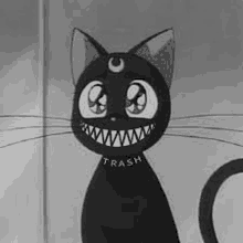 a black and white drawing of a black cat with a crescent moon on its head and teeth .