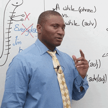 a man in a blue shirt and tie stands in front of a white board that has a while phrase written on it