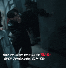 a poster with the words they made an opinion so trash even jungkook vomited on it