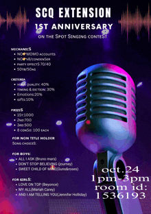 a poster with a microphone and the words scq extension on it