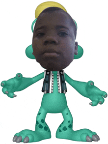 a cartoon character with green arms and legs has a zipper on his vest