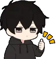 a cartoon boy with black hair is giving a thumbs up sign .