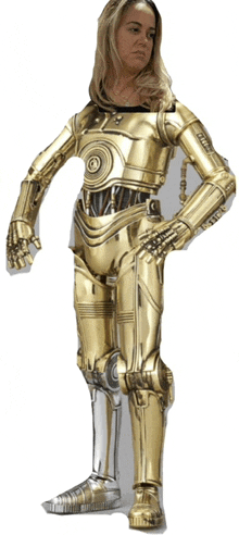 a woman in a golden robot costume with the letter c on the chest