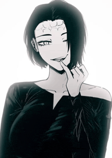 a black and white drawing of a woman with short hair and a hand on her face .