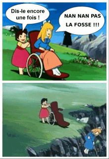 a cartoon of a girl in a wheelchair with a speech bubble saying dis-le encore une fois