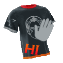 a black t-shirt with a man 's face on it and the word hi on it .