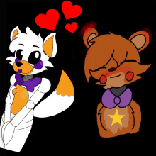 a drawing of a fox and a teddy bear with hearts in the background