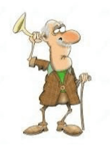 an elderly man with a cane is holding a trumpet in his hand .