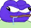 a purple frog with a stick in its mouth and a tear running down its face .