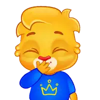 a cartoon lion wearing a blue shirt with a yellow crown on it covering his mouth