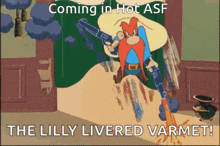 a cartoon character is holding a gun and says coming in hot asf