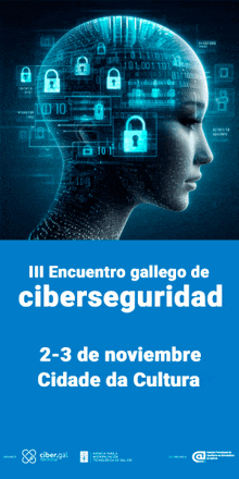 a poster with a woman 's head and the words " iii encuentro gallego de ciberseguridad "