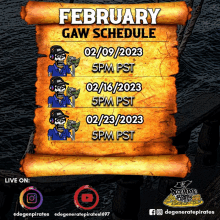 a poster for the february gaw schedule