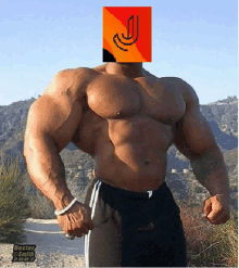 a very muscular man stands in front of a mountain with a j on his head