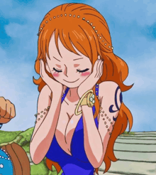 nami from one piece is smiling with her hand on her face