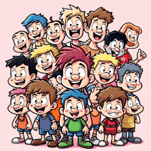 a group of cartoon characters are standing together and smiling