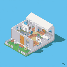 an isometric drawing of a house with a white fence