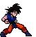a pixel art of a man in a blue shirt and orange pants is standing in a karate pose .
