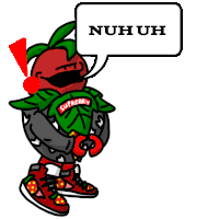 a cartoon of a tomato with a speech bubble that says nuhuh