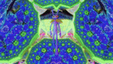 a purple rabbit is standing in the middle of a kaleidoscope of blue and green flowers .