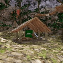 a wooden shelter in the middle of a forest with a green sign on the side .