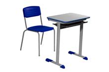 a blue chair sits next to a gray desk on a white background