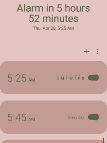 a phone screen shows that the alarm is in 5 hours and 52 minutes