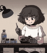 a cartoon of a girl sitting at a table holding a pencil