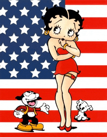 betty boop is standing next to mickey mouse and a dog in front of a flag .