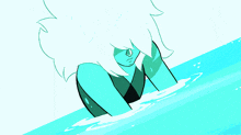 a cartoon drawing of a person in a blue swimsuit standing in the water