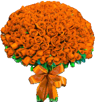 a bunch of orange roses with green leaves