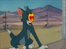 a cartoon of a cat with hearts in his eyes