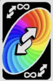 a rainbow uno card with two arrows pointing in opposite directions .