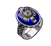 a silver ring with a blue stone and a shield with the letter d on it .