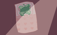 a drawing of a person sleeping on a pink blanket with hearts on it