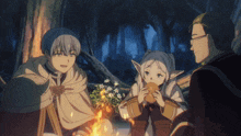 a group of anime characters are standing around a fire