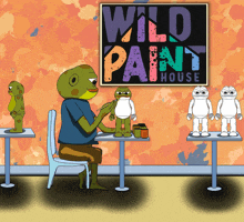 a cartoon of a man sitting at a table with a sign that says wild paint house