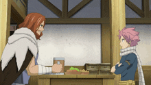 two anime characters standing next to each other with one holding a glass