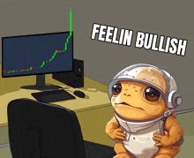 a cartoon of a frog sitting in front of a computer with the words feelin bullish above him