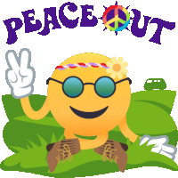 a smiley face with sunglasses and a flower in his hair giving a peace sign