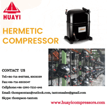 a flyer for a hermetic compressor with a phone number and email address