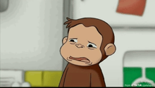 a cartoon monkey with a sad look on his face is standing in front of a refrigerator .