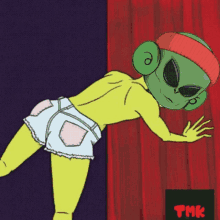 a cartoon drawing of an alien wearing shorts and a headband