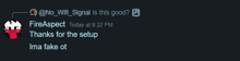 a screenshot of a twitter conversation between fireaspect and no wifi signal is this good
