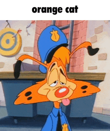 a cartoon of an orange cat wearing a police uniform sticking out its tongue .