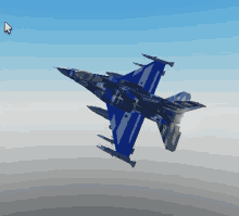 a blue and white jet is flying in the sky