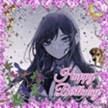 a girl with long black hair is surrounded by purple flowers and hearts .