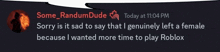 a message from some random dude says that he genuinely left a female