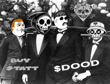 a black and white photo of a group of men with skulls on their faces and the words buy $ tatt $ dood