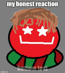 a pixel art drawing of a red ball with two stars on its eyes and the words my honest reaction bottom text